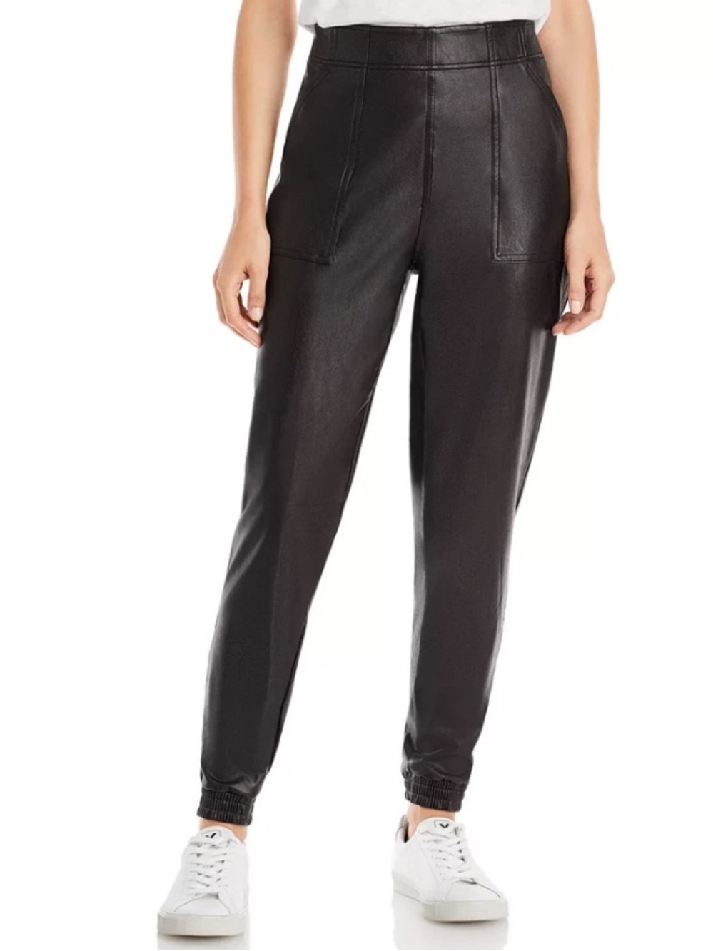 SPANX Faux Leather High Waist Jogger Pants Black Pull On Pockets Size Small
